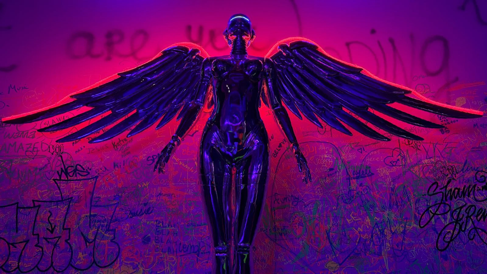 Winged sculpture in NEONIKA's glowing neon hallway